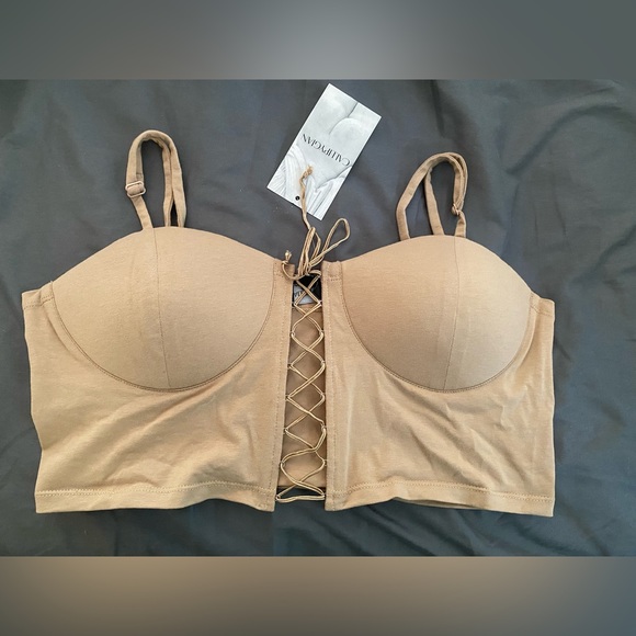 CALLIPYGIAN TIE FRONT BRA CROP TOP (BEIGE) - Picture 1 of 6